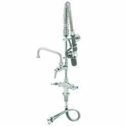 T&S Brass And Bronze Works T&S MPY-2DLV-08-CR EasyInstall Deck Mounted 23 3/4" High Mini Pre-Rinse Faucet With Flex Inlets, Low Flow Spray Valve, 24" Hose, 8" Add-On Faucet, Vacuum Breaker, And 6" Wall Bracket