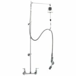 T&S Brass And Bronze Works T&S B-0128 Deck Mounted 55" High Pre-Rinse Faucet With Adjustable 8" Centers, Angled Low Flow Spray Valve, Balancer, 68" Hose, And 6" Wall Bracket