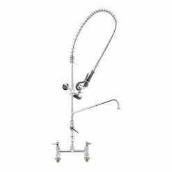 T&S Brass And Bronze Works T&S B-2277-01-CR EasyInstall Deck Mounted 43 3/4" High Pre-Rinse Faucet With Adjustable 8" Centers, 44" Hose, 12" Add-On Faucet, Vacuum Breaker, 6" Wall Bracket, And Installation Kit
