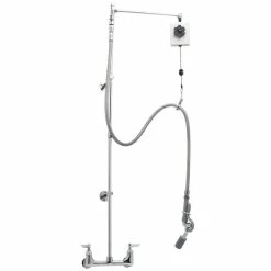 T&S Brass And Bronze Works T&S B-2279-CR EasyInstall Deck Mounted 55 1/2" High Pre-Rinse Faucet With Adjustable 8" Centers, Angled Low Flow Spray Valve, Balancer, 68" Hose, Vacuum Breaker, 6" Wall Bracket, And Installation Kit