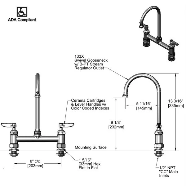 T&S Brass And Bronze Works T&S B-0321-CC Deck Mounted Faucet With 8" Centers, 5 11/16" Gooseneck Nozzle, 18.39 GPM Stream Regulator Outlet, Eterna Cartridges, And Lever Handles 2 T&S Brass And Bronze Works T&S B-0321-CC Deck Mounted Faucet With 8" Centers, 5 11/16" Gooseneck Nozzle, 18.39 GPM Stream Regulator Outlet, Eterna Cartridges, And Lever Handles - Image 2