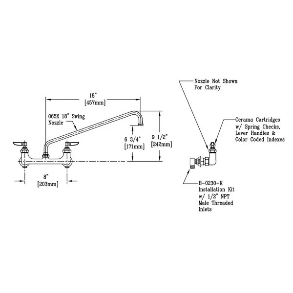 T&S Brass And Bronze Works T&S B-0230-CR-SC-EK Wall Mounted Faucet With 8" Centers, Cerama Cartridges, Spring Checks, And Installation Kit 2 T&S Brass And Bronze Works T&S B-0230-CR-SC-EK Wall Mounted Faucet With 8" Centers, Cerama Cartridges, Spring Checks, And Installation Kit - Image 2