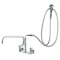T&S Brass And Bronze Works T&S B-0284 Wall Mounted Pre-Rinse Faucet With Adjustable 8" Centers, Angled Spray Valve, 4-Arm Handles, 104" Hose, 12" Add-On Faucet, 90 Degree Swivel Adapter, And Installation Kit