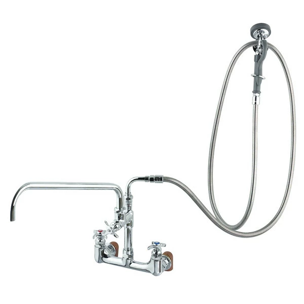 T&S Brass And Bronze Works T&S B-0284 Wall Mounted Pre-Rinse Faucet With Adjustable 8" Centers, Angled Spray Valve, 4-Arm Handles, 104" Hose, 12" Add-On Faucet, 90 Degree Swivel Adapter, And Installation Kit 1 T&S Brass And Bronze Works T&S B-0284 Wall Mounted Pre-Rinse Faucet With Adjustable 8" Centers, Angled Spray Valve, 4-Arm Handles, 104" Hose, 12" Add-On Faucet, 90 Degree Swivel Adapter, And Installation Kit