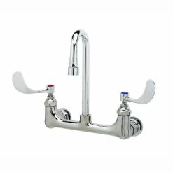 T&S Brass And Bronze Works T&S B-2443-F1-CR-SC 1 GPM Wall Mount Mixing Faucet With 8" Adjustable Centers, 2 7/8" Gooseneck, 4" Wrist Action Handles, Spring Checks, And Cerama Cartridges